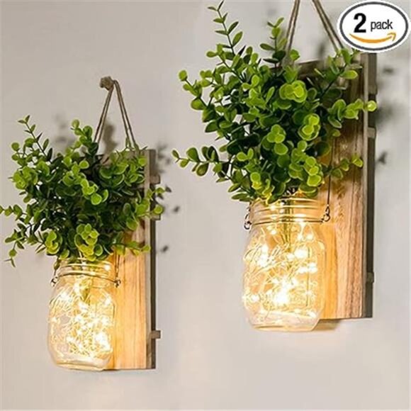 Rustic Wall Sconces, Mason Jar Sconces, Farmhouse Home Decor, LED Fairy Lights - Picture 7 of 7